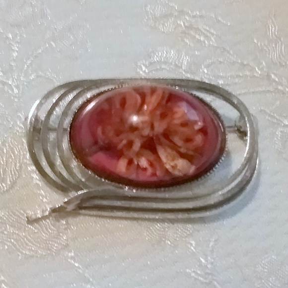 Vintage Reverse Carved Floral Silver Tone Brooch - Picture 1 of 6
